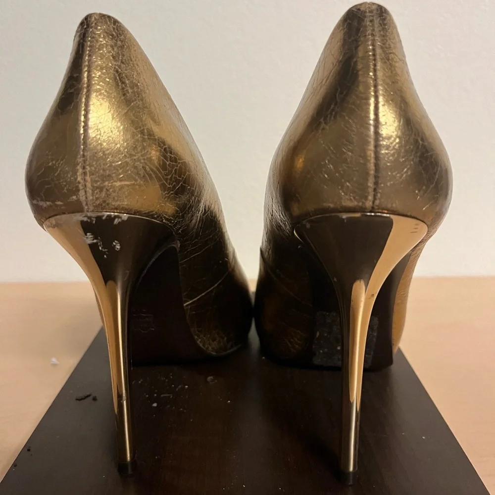 Tory Burch Bronze Crackle Leather Platform Pumps Heels Leather 4 1/4” 9 Jenna - Picture 4 of 6
